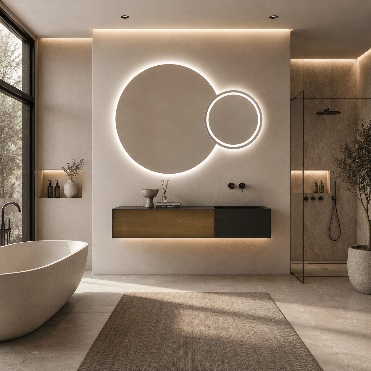 Oglindă LED Premium 2 Cercuri Suprapuse, Lumina Fata – Spate, 120x80x60 cm, Dimabilă, 3 Tipuri de Lumină, Touch, Copper-Free