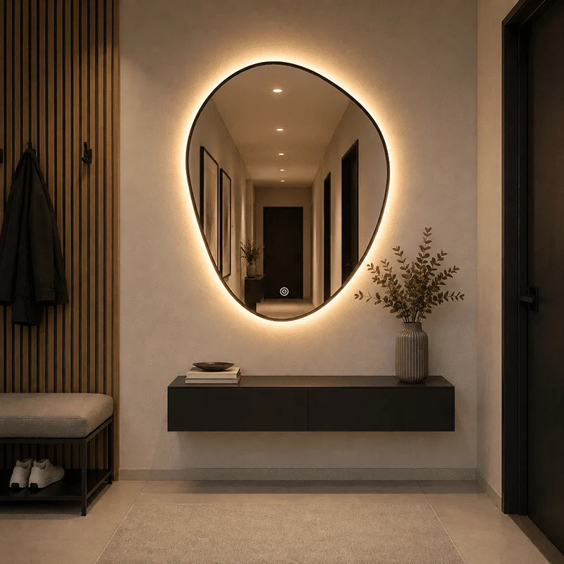 Oglindă LED Asimetrică Premium cu Ramă Neagră 70×90 cm, Lumină Spate, 3 Tipuri de Lumină – Calda, Rece, Neutra