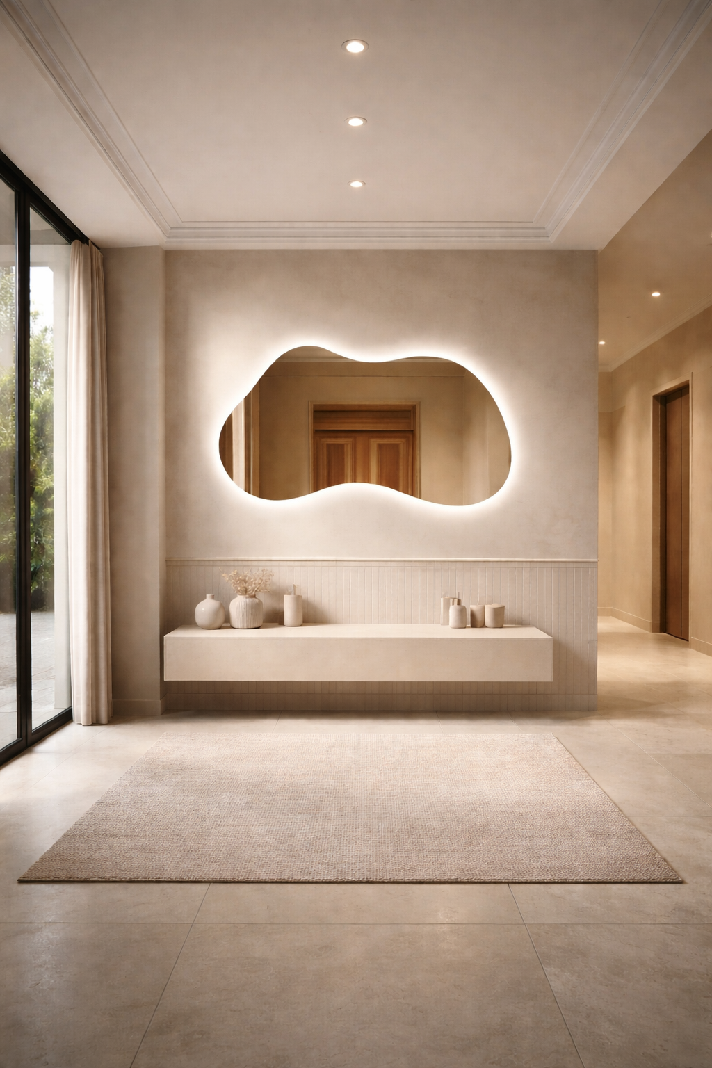 Oglinda LED Asimetrica Premium 140×80 cm, Touch, 3 Tipuri Lumina – Calda, Rece, Naturala