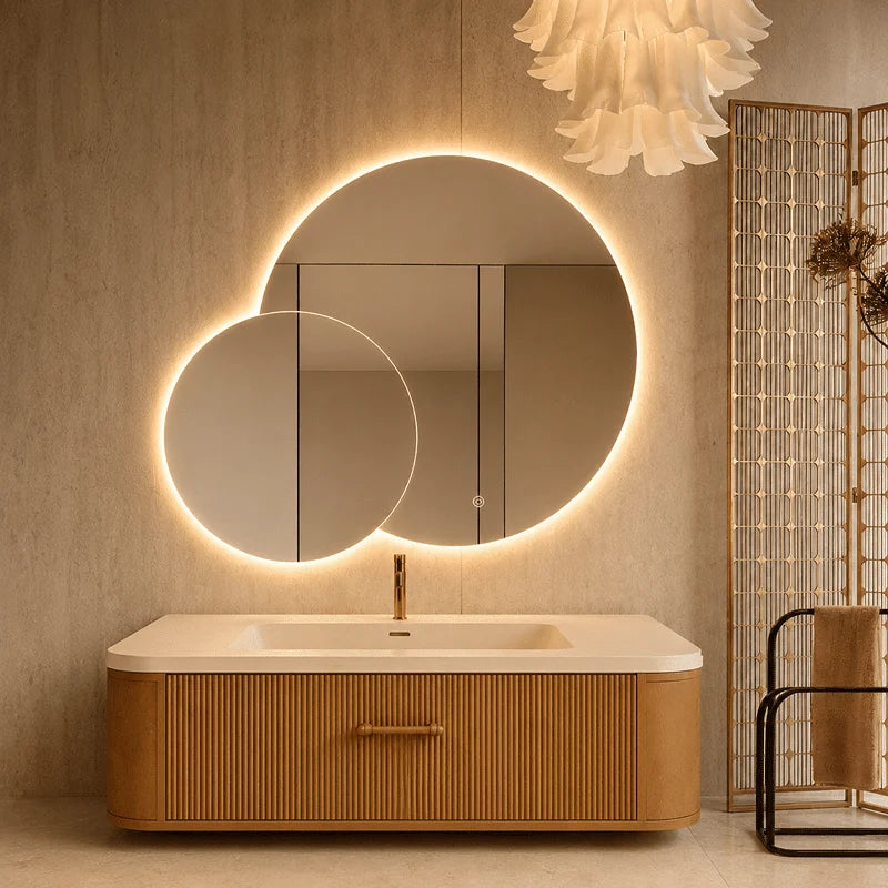 Oglindă LED Premium 2 Cercuri Suprapuse, 120x80x60 cm, Dimabilă, 3 Tipuri de Lumină, Touch, Copper-Free