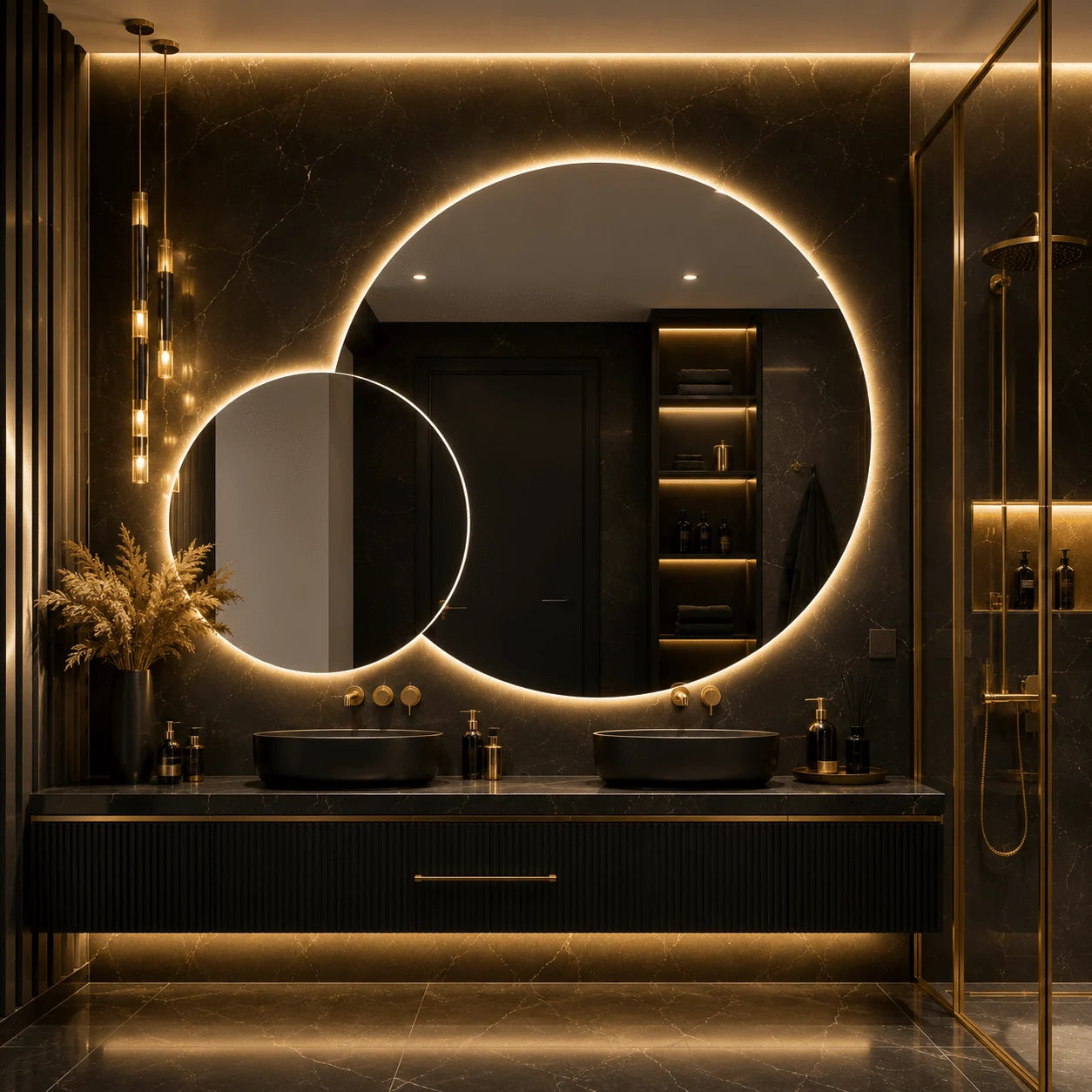 Oglindă LED Premium 2 Cercuri Suprapuse, 120x80x60 cm, Dimabilă, 3 Tipuri de Lumină, Touch, Copper-Free