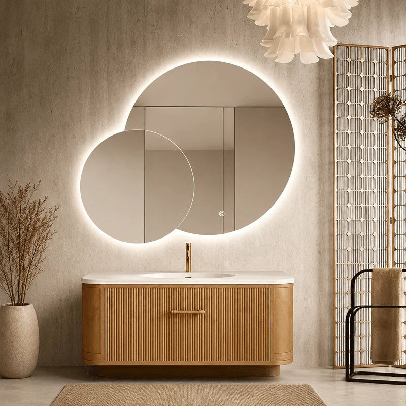 Oglindă LED Premium 2 Cercuri Suprapuse, 80x65x50 cm, Dimabilă, 3 Tipuri de Lumină, Touch, Copper-Free