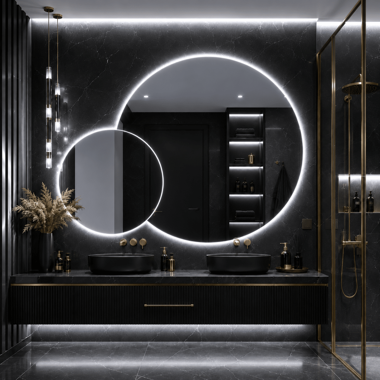 Oglindă LED Premium 2 Cercuri Suprapuse, 80x65x50 cm, Dimabilă, 3 Tipuri de Lumină, Touch, Copper-Free