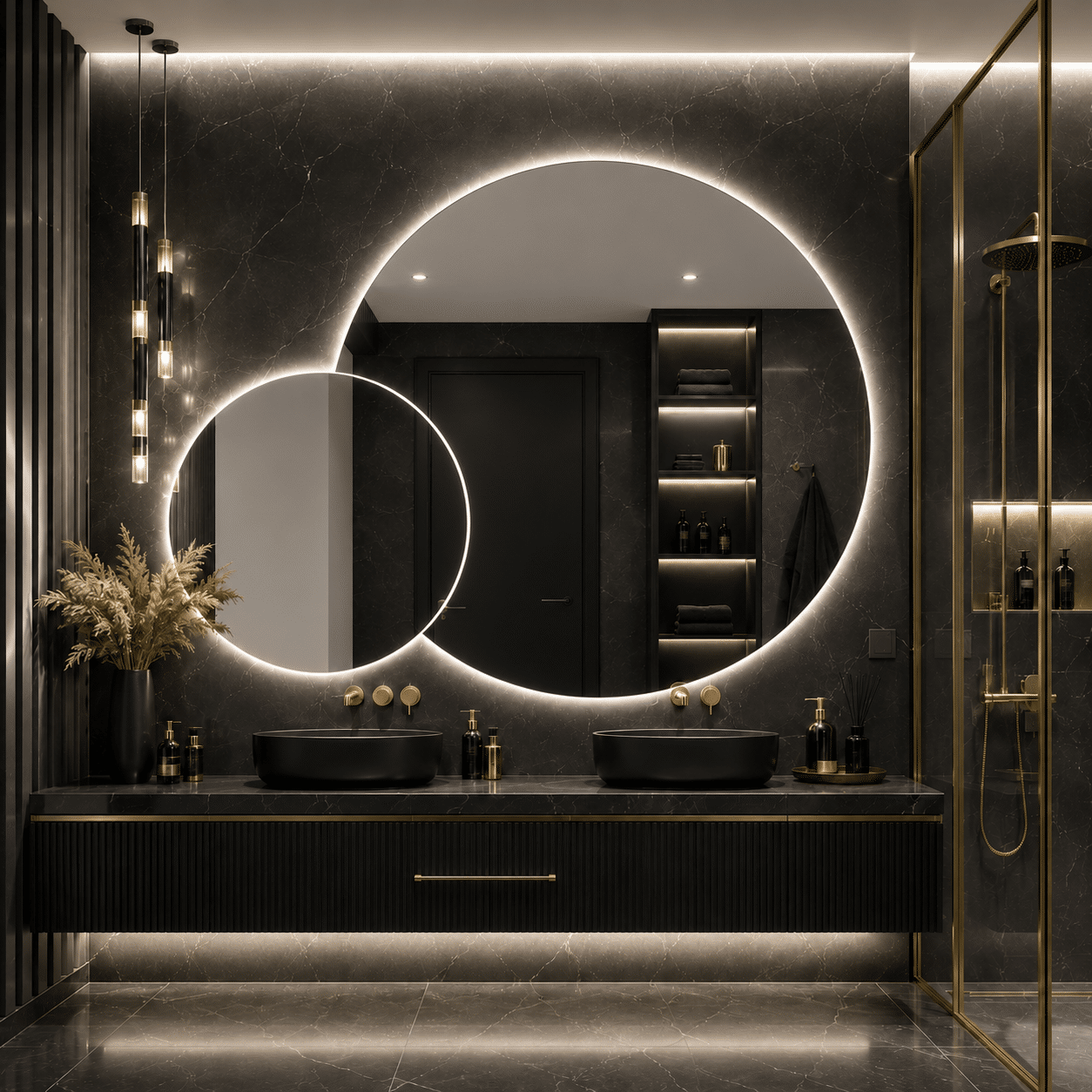 Oglindă LED Premium 2 Cercuri Suprapuse, 80x65x50 cm, Dimabilă, 3 Tipuri de Lumină, Touch, Copper-Free