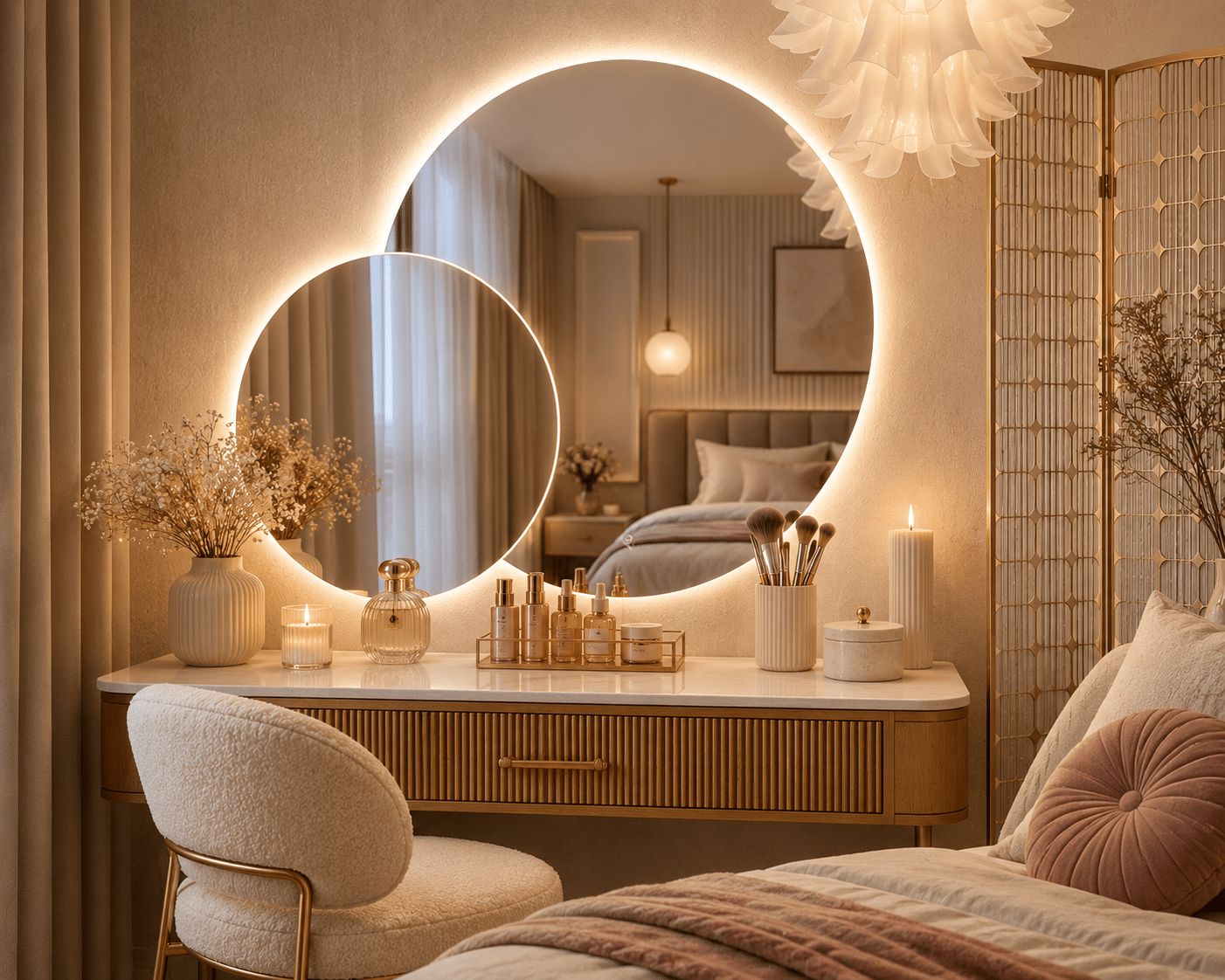Oglindă LED Premium 2 Cercuri Suprapuse, 80x65x50 cm, Dimabilă, 3 Tipuri de Lumină, Touch, Copper-Free