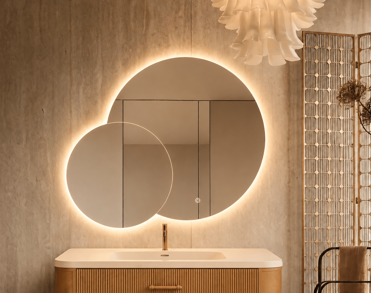 Oglindă LED Premium 2 Cercuri Suprapuse, 80x65x50 cm, Dimabilă, 3 Tipuri de Lumină, Touch, Copper-Free