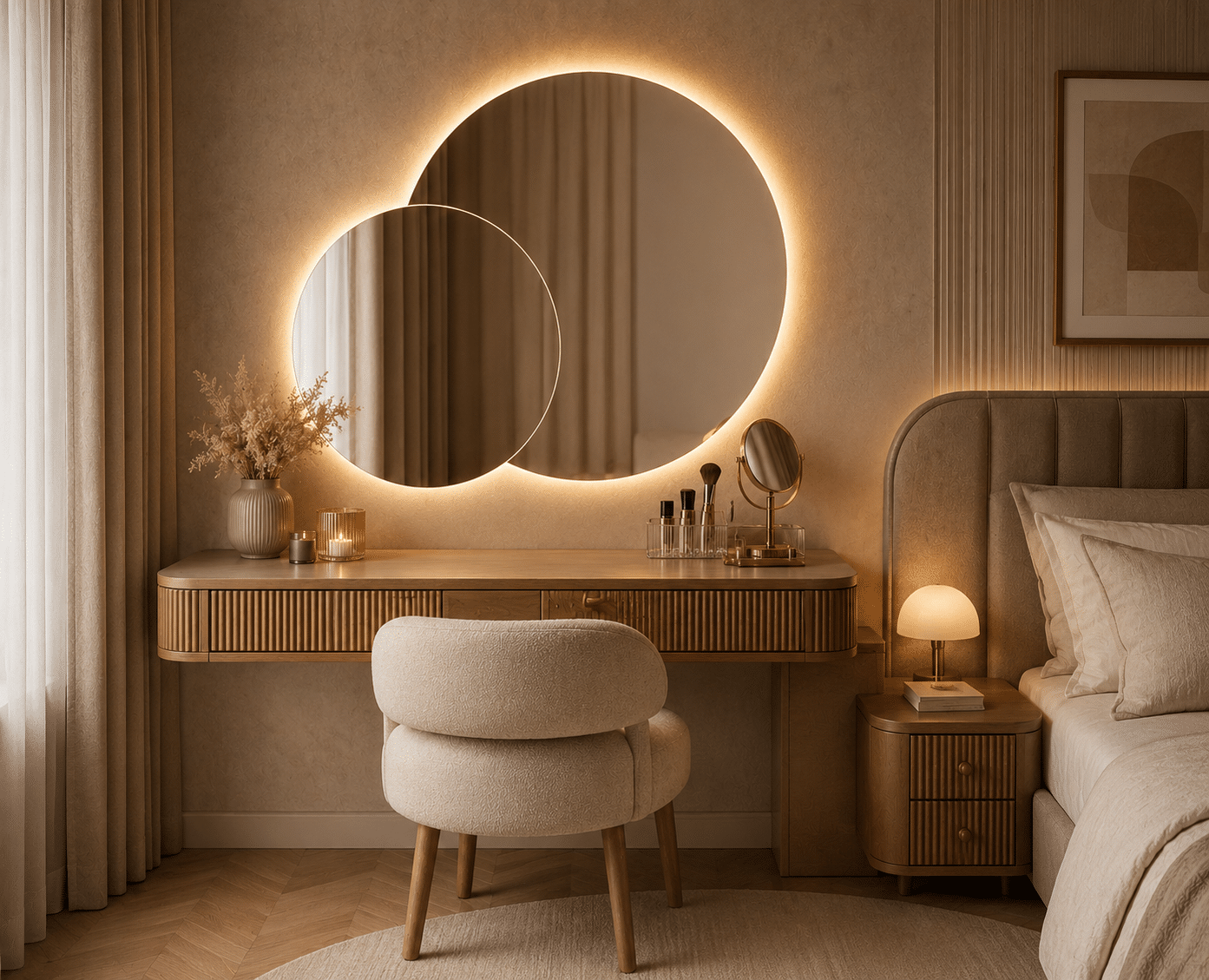 Oglindă LED Premium 2 Cercuri Suprapuse, 80x65x50 cm, Dimabilă, 3 Tipuri de Lumină, Touch, Copper-Free