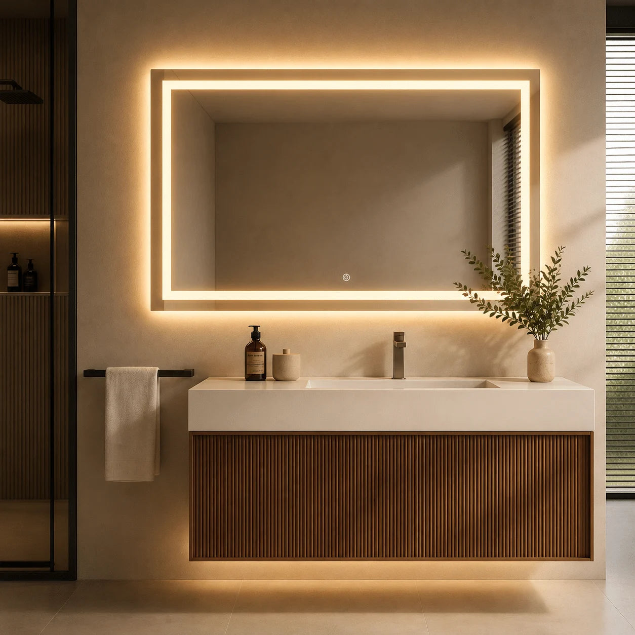 Oglindă LED Premium Dreptunghiulară, 80×60 cm, Iluminare Față-Spate, Dimabilă, Touch, Copper-Free