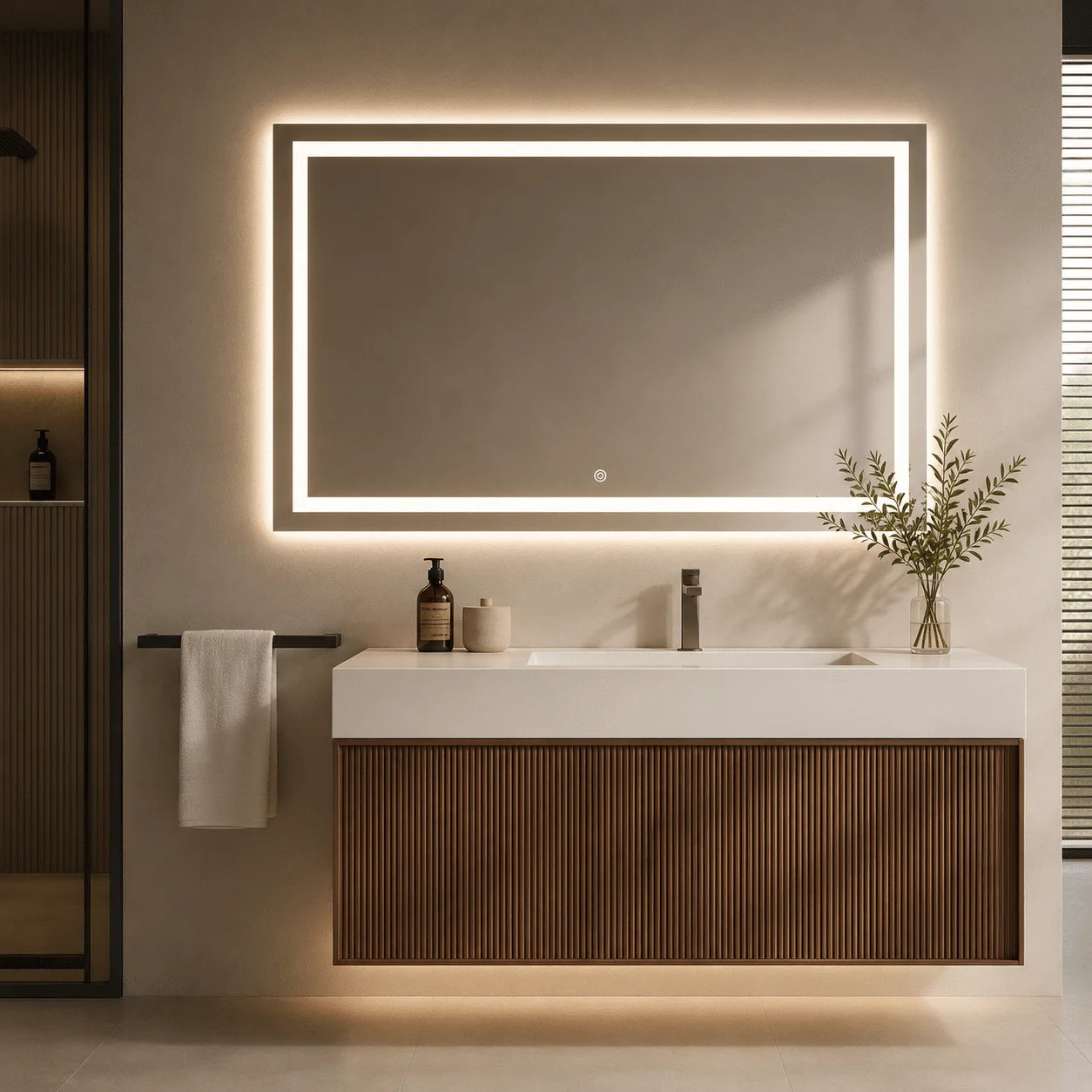 Oglindă LED Premium Dreptunghiulară, 80×60 cm, Iluminare Față-Spate, Dimabilă, Touch, Copper-Free