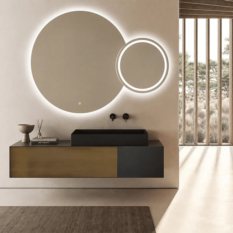 Oglindă LED Premium 2 Cercuri Suprapuse, Lumina Fata – Spate, 120x80x60 cm, Dimabilă, 3 Tipuri de Lumină, Touch, Copper-Free