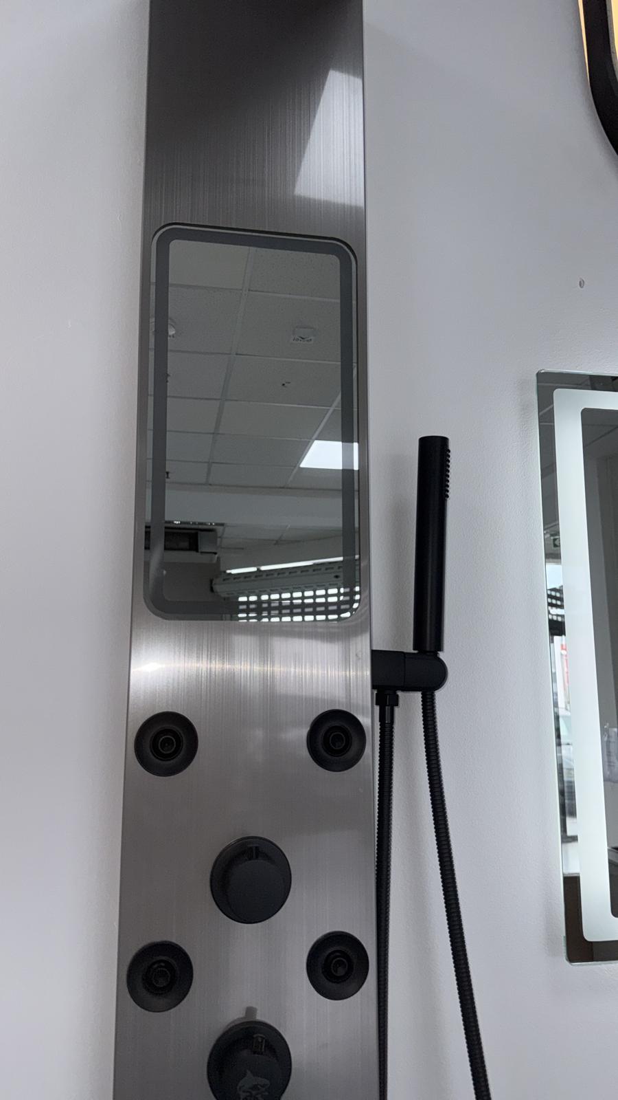 Panel de Dus cu Efect de Ploaie si Jeturi cu masaj, Oglinda LED Incorporata, Argintiu Periat