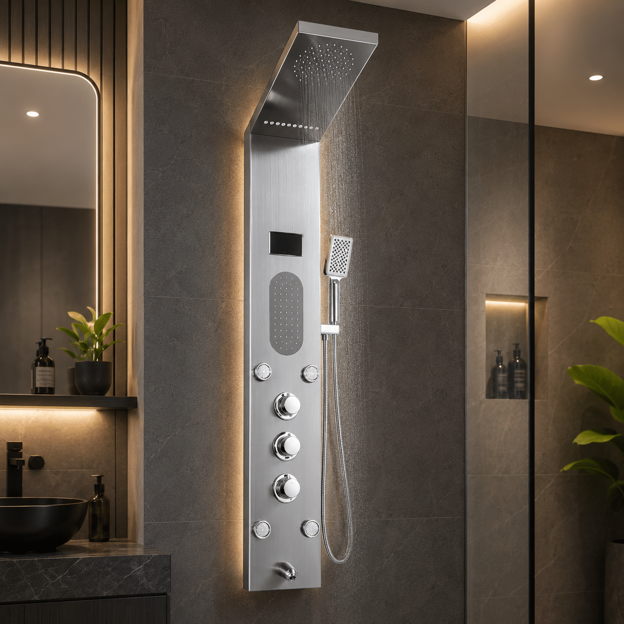 Panel de Duș cu 5 Jeturi Hidromasaj, Afișaj Digital și LED, Crom/Argintiu